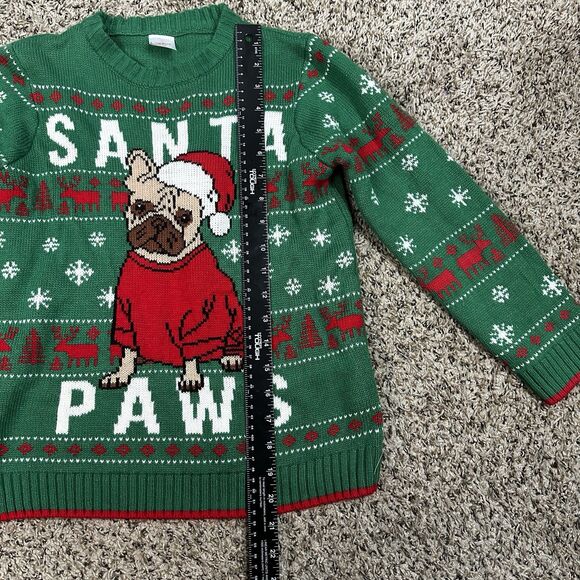Holiday Time Kids Sz M 8 Green Christmas Sweater Santa Paws Pug Dog Ugly Sweater - Picture 5 of 9